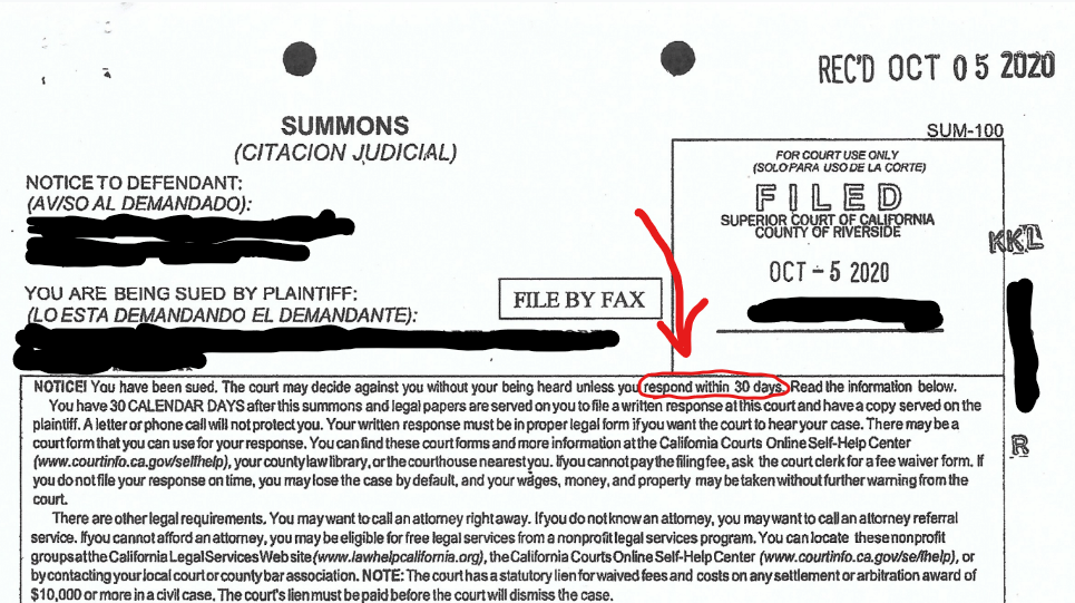 California Summons Example